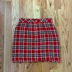 PETITE PLAID FRINGE TWEED SKIRT